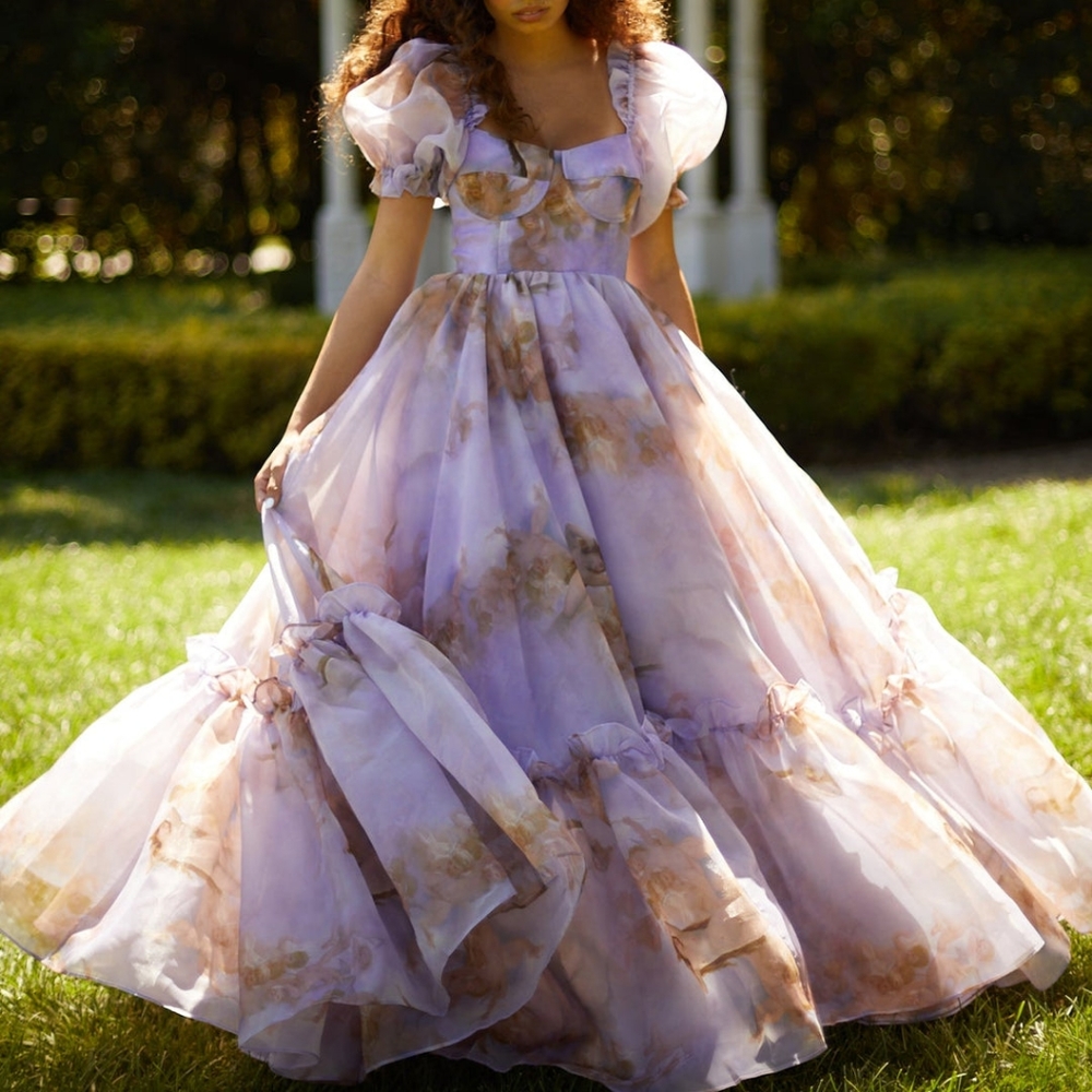 Selkie - The Venus Ritz Gown, Lavender & Beige Floral Puff Sleeve Maxi Dress